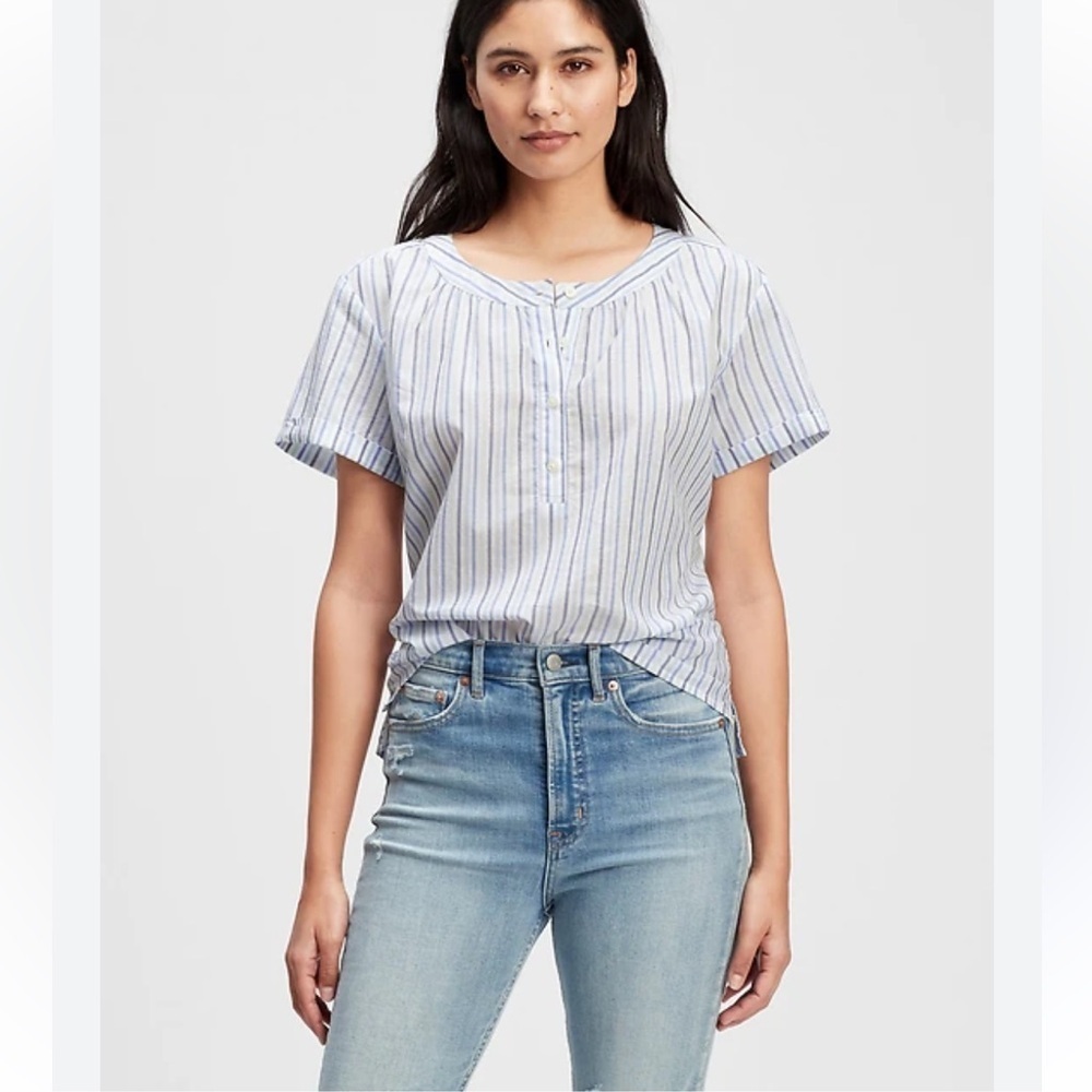 Gap Roll Sleeve Quarter Button Front Top Blue Striped 100% Cotton Women’s XL